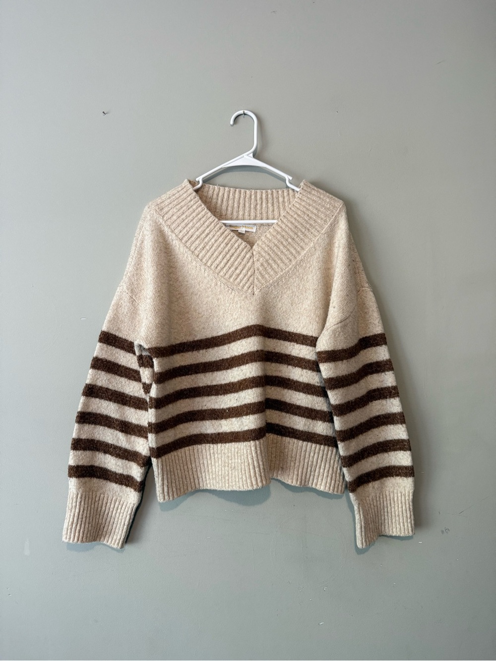 Sugar Moon Cream and Brown Striped V-Neck Sweater